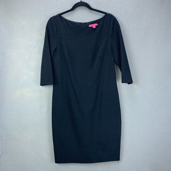 Betsey Johnson Dress Womens 10 Black Sheath 3/4 Sleeve Cutout‎ Pockets Stretch - Picture 1 of 16